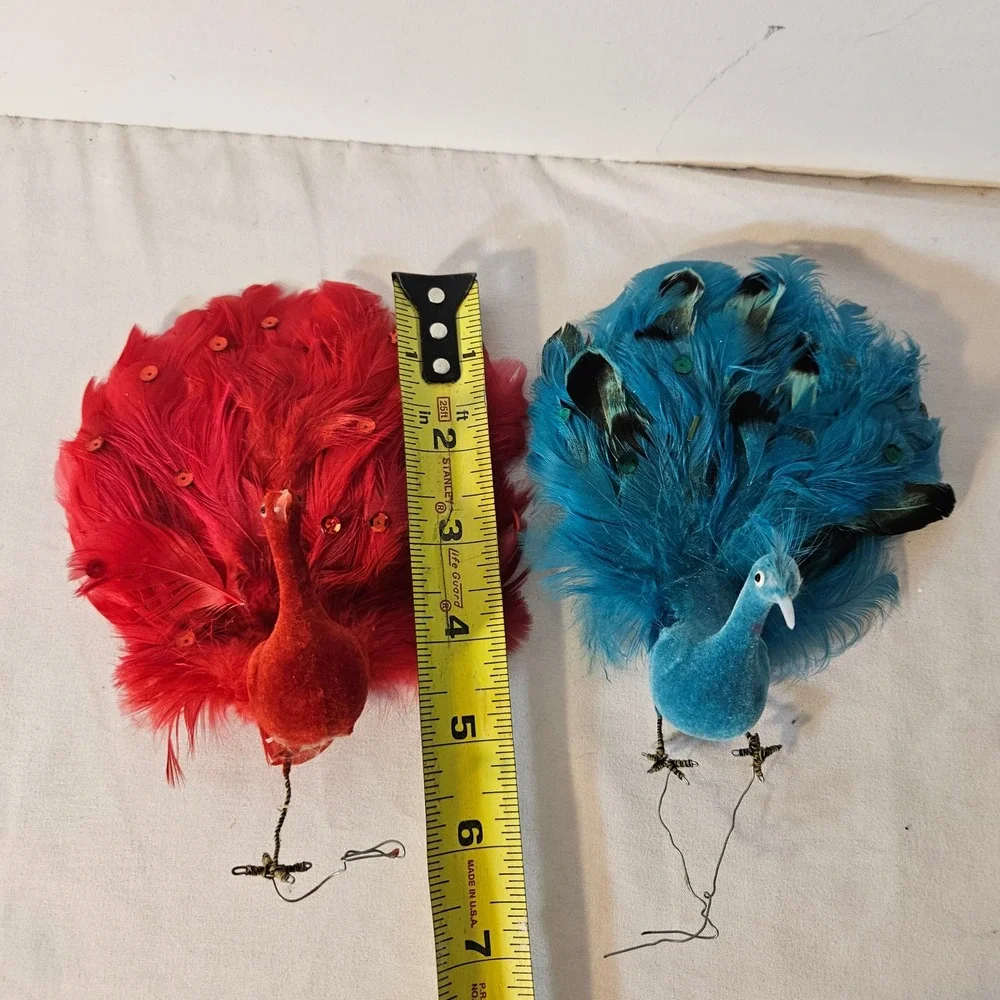 Vintage Style Red and Blue Feather Peacock Ornaments Sequin Flocked Bird Pair